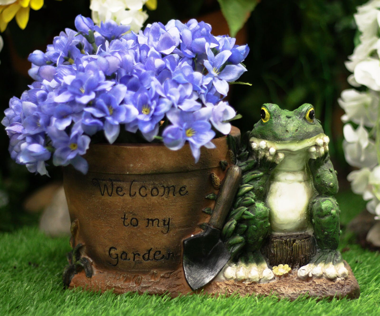 Ebros Green Toad With Shovel And 'Welcome To My Garden' Planter Pot Statue 10"L