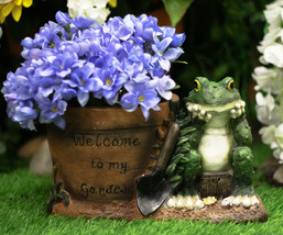 Ebros Green Toad With Shovel And &#39;Welcome To My Garden&#39; Planter Pot Stat... - $30.99
