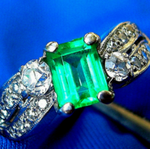 Earth mined Emerald Diamond Deco Engagement Ring Vintage Real Platinum S... - £4,979.46 GBP