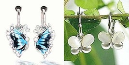 1 PAIR Spring Clip-On Silvertone Blue/White Butterfly Fashion Dangle Earrings  - £3.97 GBP