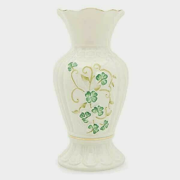 Belleek 7 inch parian china vase Shamrock Spray Ireland 15th mark gold trim - $30.03