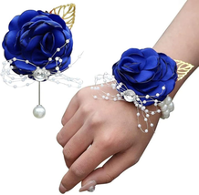 Bridesmaid Wrist Corsage and Boutonniere Set Pink Pearl Bracelet Gold Le... - $14.01