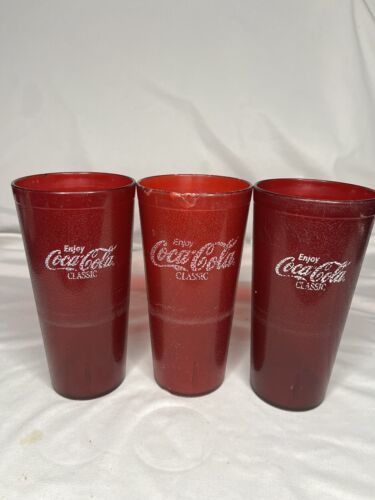 Coca Cola Classic Logo Ruby Red Plastic Tumblers Set of 4 - 24oz Cups Restaurant - £9.55 GBP