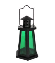 Modern black metal &amp; green glass lighthouse shaped tea light lantern - £11.84 GBP