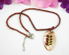 Abalone Shell Pendant Necklace Vintage Oval Brown Wood Tube Beads Choker Beaded - £13.64 GBP