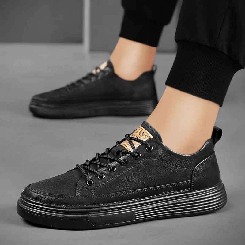 R casual shoes fashion leather flat shoes sneakers pure black warm thick sole soft wear thumb200