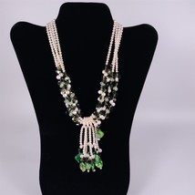 ✅ Faux Pearl Layered Strand Statement Necklace Green Stone Beads 17&quot; Women - £9.51 GBP