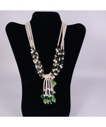 ✅ Faux Pearl Layered Strand Statement Necklace Green Stone Beads 17&quot; Women - £9.53 GBP