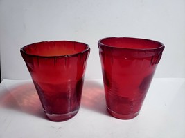Pair of Heavy Hand Blown Glass Red w/Clear Base 6&quot; Vases Tumblers Crimped Edge - £14.89 GBP