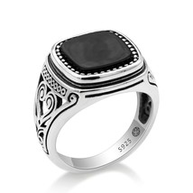 925 Sterling Silver Men Ring with Suqare Natural Stone Carved Design Thai Silver - £39.65 GBP