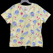 Walt Disney Eeyore Scrub Top Shirt Size Large Green Floral Nurse Vet Tec... - $14.99
