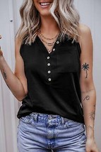 Black Half Button V Neck Patched Pocket Tank Top - $16.26