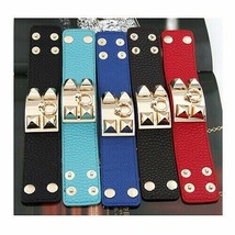 Pyramid Gold Studded  Wide Faux Leather Multicolor Wrap Cuff Bangle Bracelets - $23.95