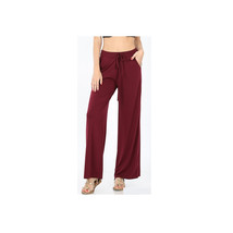  Wide Leg Pants in Burgundy   Soft Stretch Pockets Drawstring Elastic Waist - $26.75
