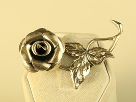 Vintage Sterling Silver Signed Beau 3D Rose Flower Leaves Statement Brooch Pin - £23.36 GBP
