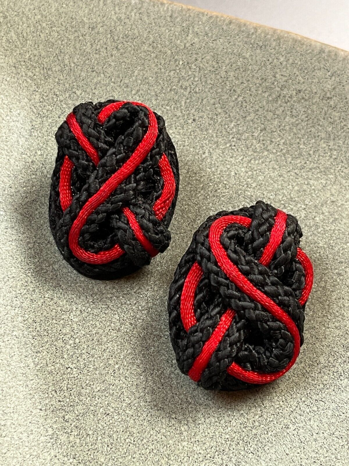 Primary image for Large Black Braided w Red Cord Twist Knot Oval Post Earrings for Pierced Ears –