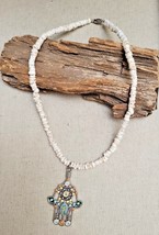 Vintage Ornate Enamel Hamsa Protection Amulet Spotted Puka Shell Necklace - £25.40 GBP