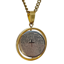 lords Prayer Pendant Gold Spinner Necklace Spanish Script Steel 24&quot; Chain &amp; Box - £12.77 GBP