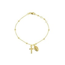 14K Solid Yellow Gold Virgin Mary Cross Dangle Bead Chain Bracelet - £263.45 GBP