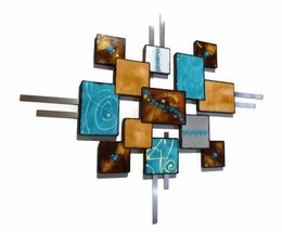 HUGE blue Laguna Wall Sculpture -Turquoise wood and metal square wall ar... - £435.84 GBP
