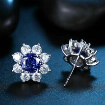 Gift 3Ct Lab-Created Blue Sapphire &amp; CZ Halo Stud Earring in Solid 925 Silver - £49.77 GBP