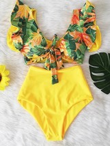  Ruffled Hem Bikini Set Women Flora V-Neck High-Waisted Two Piece Swimsuit 2023  - £85.28 GBP