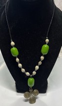 Green, Cream And Black Bead Bronze Color Medallion Pendant 22” Necklace - $19.75