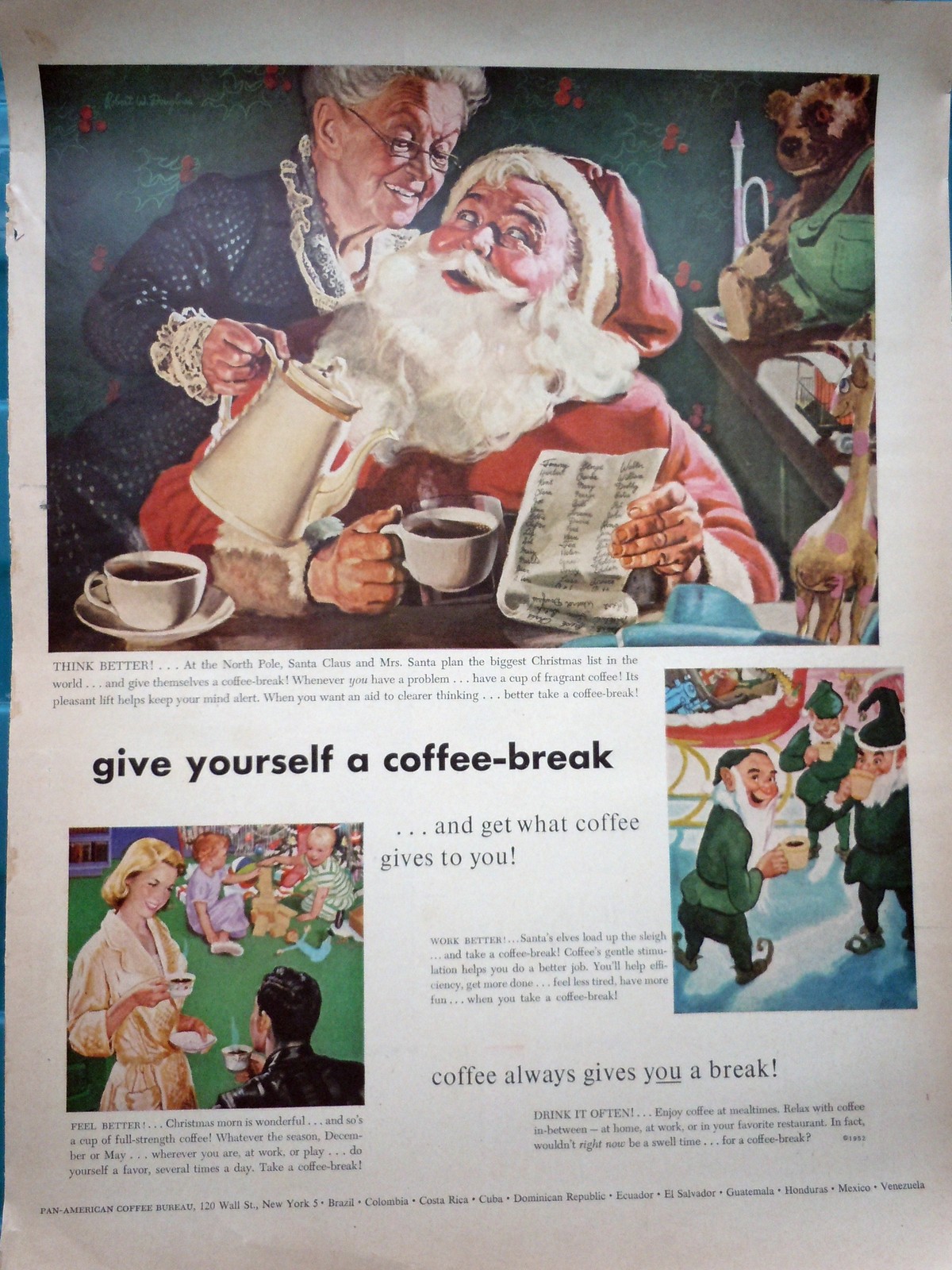 Pan-American Coffee Bureau Santa Print Advertisement Art 1952 - $14.99