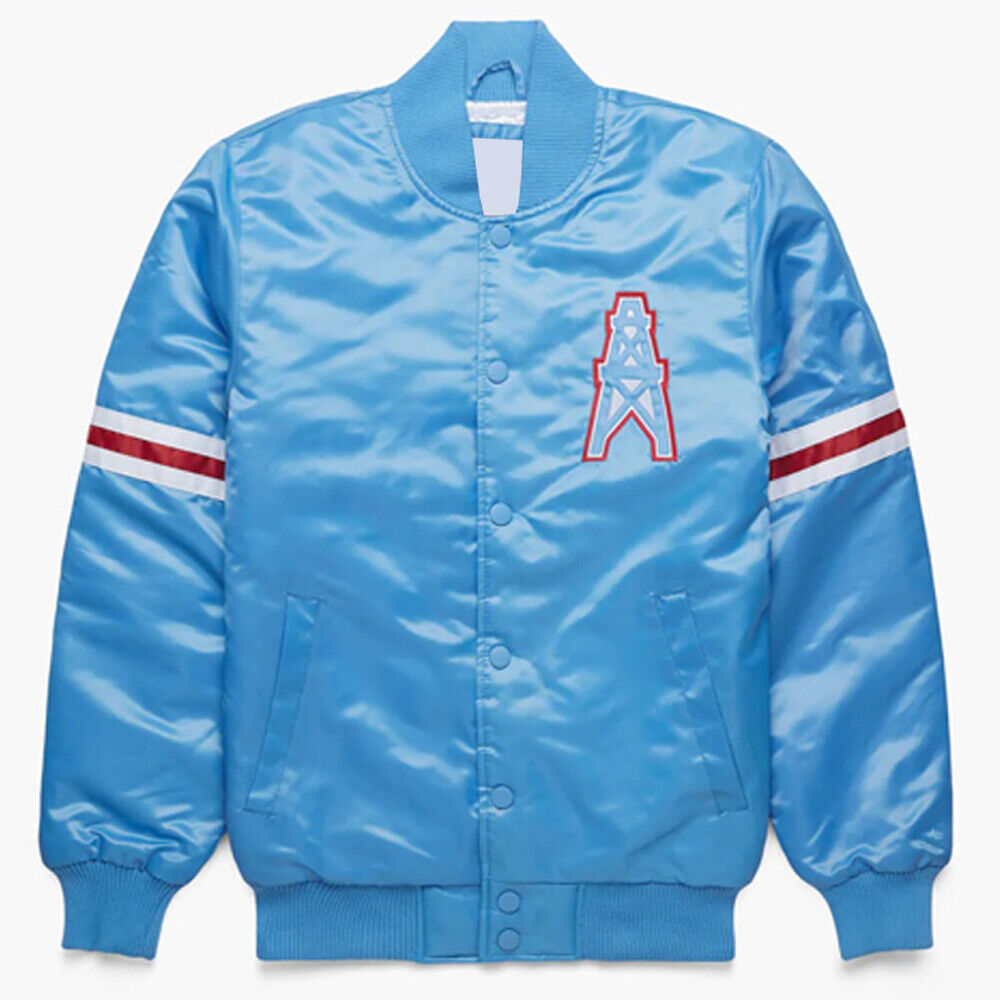 Vintage 80s NFL Tennessee Oilers Baseball Bomber Letterman Jacket Sky Blue Satin