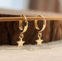 10ct Solid Gold Blazing Star Drop Huggie Hoops Earrings - Elegant, fine, gift - £91.25 GBP