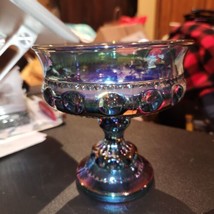 Vintage Indiana Carnival glass blue Iridescent thumbprint goblet candle dish  - $20.59