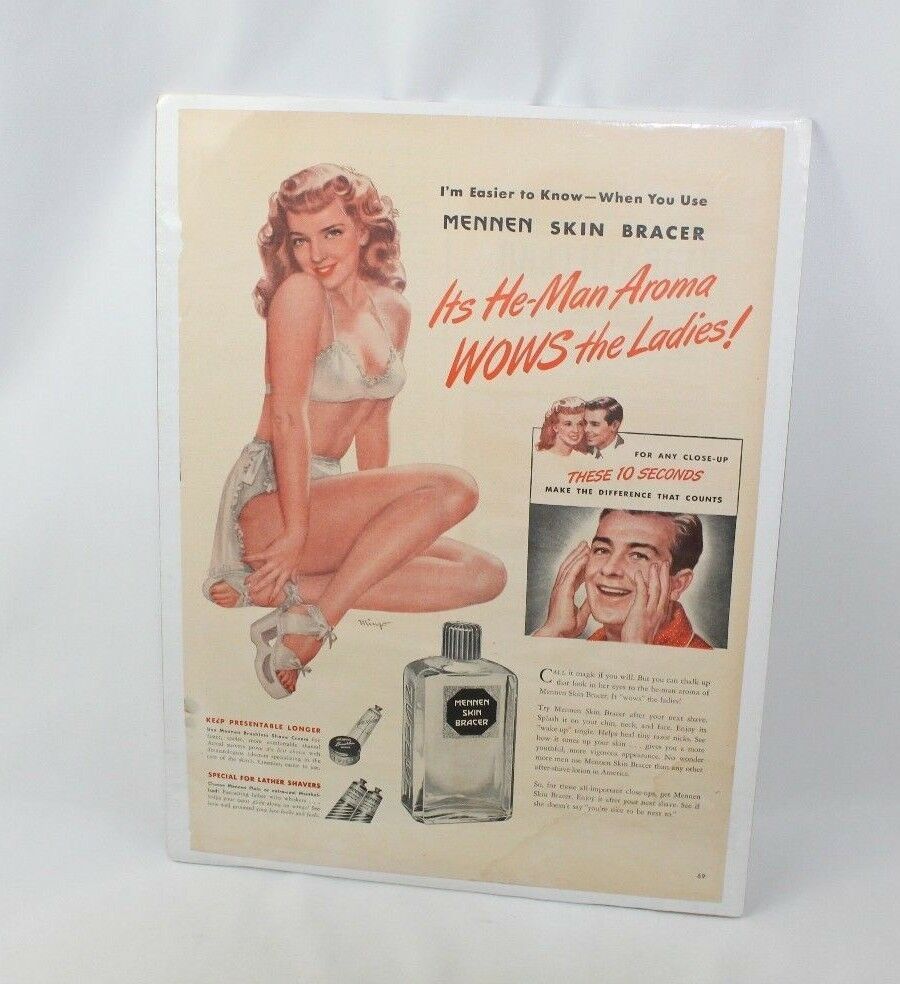 Vintage 1950s Original Mennen Skin Bracer Color Print Ad w/ Sexy Pin Up Woman - £11.24 GBP