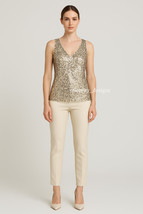 tp75 CFLB Bling Bling Sleeveless Vintage Gold Sequin Beaded Singlet Top ... - $14.99