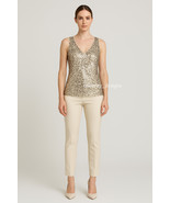 tp75 CFLB Bling Bling Sleeveless Vintage Gold Sequin Beaded Singlet Top ... - $275.92 MXN