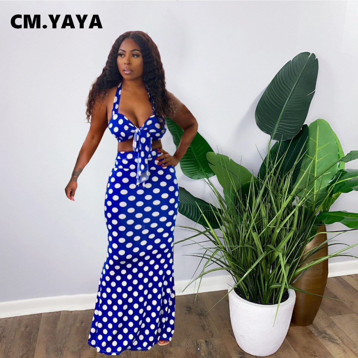 Polka Dot Sleeveless Strap V-neck Crop Tops Long Trumpet Skirts - $38.95