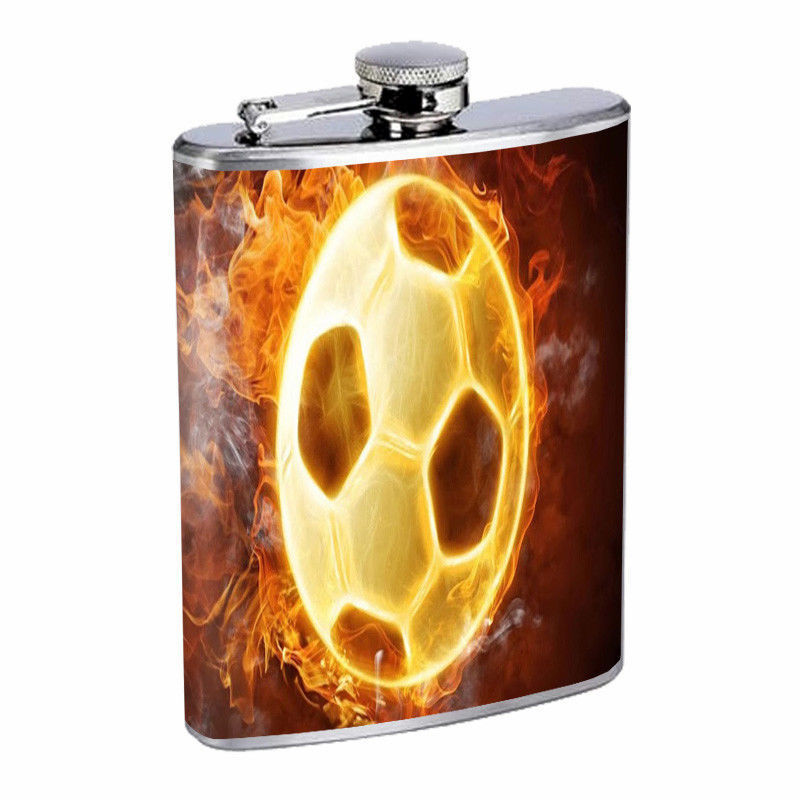 Soccer Ball Fire Em1 Flask 8oz Stainless Steel Hip Drinking Whiskey - £11.80 GBP