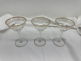 3 Vintage Hollywood Regency Optic Glass Gold Band Stripes Cocktail Glasses - £19.43 GBP