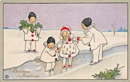 Young Girls On Frozen Ice~Christmas GREETINGS-STECHER Embossed Artist Postcard - £7.41 GBP