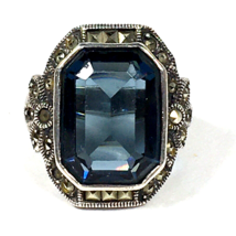 Art Deco 925 Sterling Silver Simulated Blue Gemstone Marcasite Ring Size 4.5 - £48.75 GBP