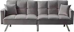 80&#39;&#39; Velvet Love Seat Convertible Futon Two Pillows, Sleeper Couch With 3 Adjust - £567.82 GBP
