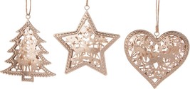 Set Of 3 Champagne Gold 4.25&quot; Stamped Metal Forest Scene Filigree Xmas Ornaments - £21.15 GBP