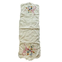 Antique Vtg Handmade Embroidered Dresser Scarf Whimsical Flowers Lace - $282.54 MXN