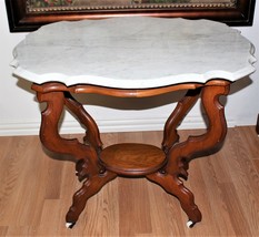 Antique Victorian Walnut and Marble Turtle Top Parlor Table on Casters - $495.00