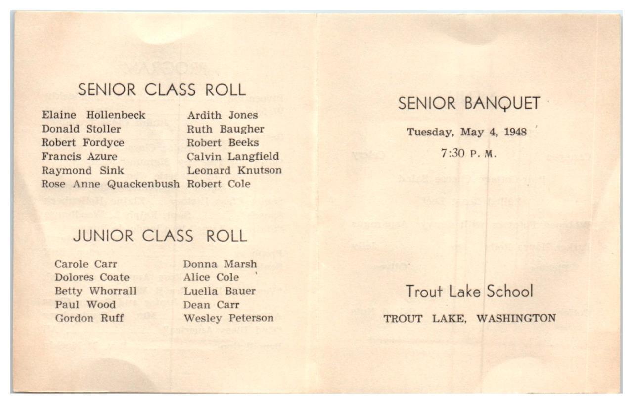 Primary image for Trout Lake High School Washington Senior Banquet Program 1948