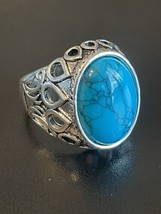 Large Boho Turquoise Stone S925 Stamped Silver Plated Woman Ring Size 9 - £14.22 GBP