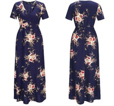 Mopping long skirt short sleeve floral printed maxi dress V-neck tea dress - £23.44 GBP