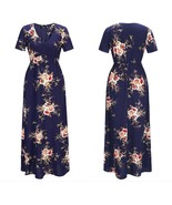 Mopping long skirt short sleeve floral printed maxi dress V-neck tea dress - $40.73 CAD