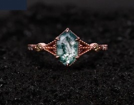 8*4 Vintage Moss Agate Engagement Ring, 14K Rose Gold Hexagon Cut Ring For Him - £44.30 GBP