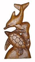 Hand Carved Beautiful Wood Turtle Dolphin Wall Sculpture Plaque - $24.69