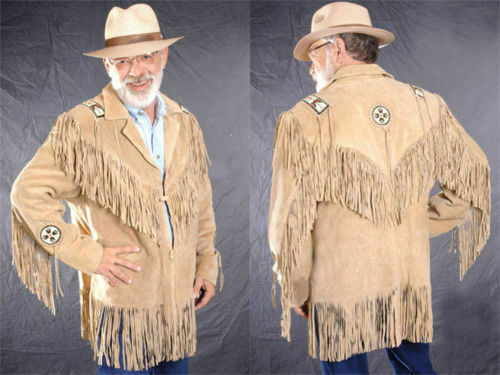 Men's Beige Color Suede Real Leather Western Fringed Style Beaded Patches Jacket